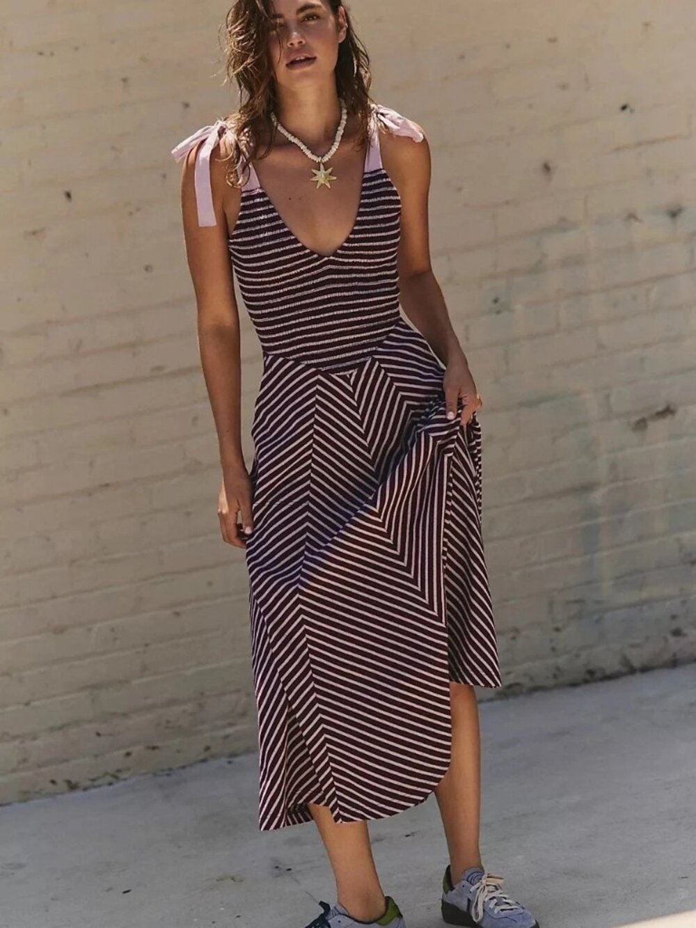 Free People Free-Est Cecelia Midi Dress Striped Printed Smocked Cotton M 286361